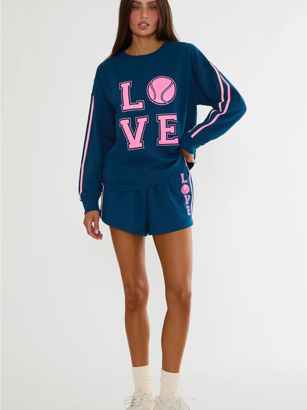 Beach Riot Teal Sweatshirt with Pink LOVE Graphic